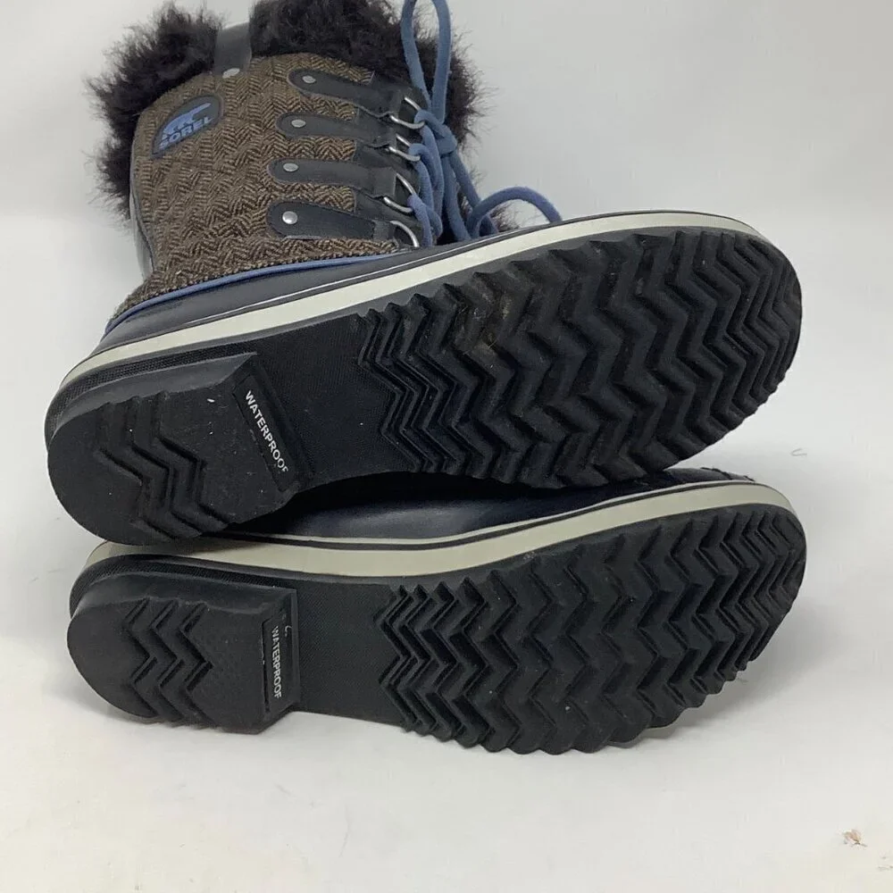 Sorel women's Tofino Herringbone tall boots 8.5 brown blue laces winter snow